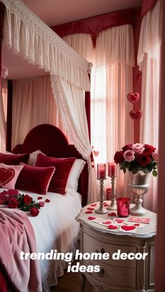 a bedroom decorated in pink and red with hearts on the bed, candles and flowers