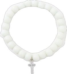 White Hypoallergenic Spiritual Beaded Bracelets, White Cross Rosary Bracelet, White Beaded Cross Jewelry, White Spiritual Rosary Bracelet With Cross, White Spiritual Stretch Bracelet With Round Beads, White Hypoallergenic Rosary Bracelet With Round Beads, White Adjustable Hypoallergenic Rosary Bracelet, Spiritual White Beaded Charm Bracelet, White Cross Bracelet Spiritual Style