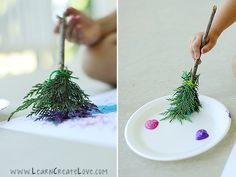 someone is making a christmas tree out of twigs and paper plates with colored eggs on them