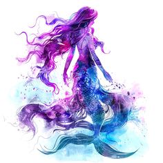 a watercolor drawing of a mermaid with long hair