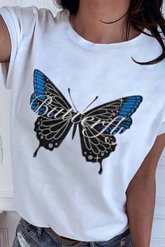 Print Loose Design T-shirt Blue Butterfly Print T-shirt For Spring, Blue Butterfly Print T-shirt For Summer, Summer Graphic Tee With Butterfly Print, Blue Butterfly Print Short Sleeve T-shirt, Blue Short Sleeve T-shirt With Butterfly Print, Short Sleeve Cotton Tops With Butterfly Print, White Tops With Front Print For Spring, White Top With Front Print For Spring, Cotton Tops With Butterfly Print And Short Sleeves