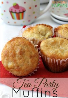 tea party muffins are sitting on a red napkin