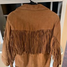 Long Sleeve Leather Jacket With Fringe Excellent Condition Fall Leather Outerwear With Fringe, Leather Fringe Outerwear For Fall, Western Style Leather Outerwear For Rodeo, Western Leather Outerwear For Rodeo, Fall Leather Jacket For Rodeo, Western Leather Outerwear For Ranch, Leather Outerwear With Fringe For Rodeo, Leather Fringe Outerwear For Rodeo, Western Brown Outerwear For Work