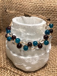 Blue appetite, garnet and quartz beads braided onto a waxed polyester cord with an adjustable square knot slide closure. Quartz Beads, Blue Beads, Stone Beads, Anklets, Garnet, Hippie Boho, Selling On Etsy