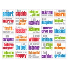 six different words that say i can be happy and the words below them are multicolored