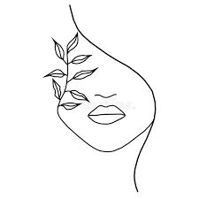 a line drawing of a woman's face with leaves on her forehead and eyes