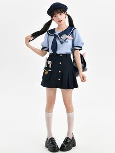 Embrace the charm of Zootopia with this delightful Judy-inspired T-shirt. Crafted from soft, breathable fabric, this blue T-shirt features elegant puff sleeves that add a touch of vintage flair. The highlight of this piece is the detachable sailor collar, offering you versatile styling options. Whether you want to channel a sweet, kawaii look or keep it simple and chic, this top has you covered. Perfect for casual outings, themed events, or just adding a hint of whimsy to your everyday wardrobe. Cute Blue Puff Sleeve Blouse, Preppy Blue Tops For School, Detective Outfit, Zootopia Judy, Sailor Outfit, Steampunk Fashion Male, Sailor Collar, Themed Events, Outfits With Hats