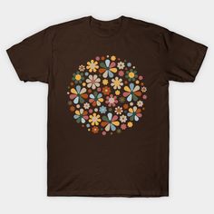 A fun floral pattern in the style of the 70's. Brown, green, blue, pink and yellow colors -- Choose from our vast selection of Crewneck and V-Neck T-Shirts to match with your favorite design to make the perfect graphic T-Shirt. Pick your favorite: Classic, Boxy, Tri-Blend, V-Neck, or Premium. Customize your color! For men and women. Retro Green Printed T-shirt, Hippie Multicolor T-shirt For Spring, Patterned Floral Print Cotton T-shirt, Retro Multicolor Screen Print T-shirt, Retro Short Sleeve T-shirt With Floral Print, Fun Multicolor Print T-shirt For Spring, Floral Print Cotton T-shirt, Spring Hippie Retro Print T-shirt, Retro Short Sleeve Printed T-shirt