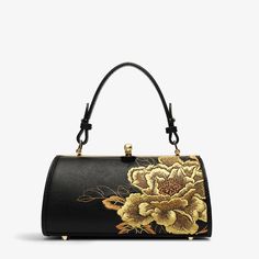 Embroidery Leather Chain Barrel Handbag High Luxury Royal Gold Peony - SinoCultural Bags With Embroidery, Flower Peony, Embroidery Scarf, Barrel Bag, Embroidered Leather, Genuine Leather Handbag, Black Leather Handbags, Peony Flower, Flower Embroidery