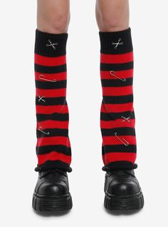 Give your outfit a little flair! These black and red striped leg warmers have a flared silhouette and feature safety pin detailing throughout. Red And Black Leg Warmers, Weirdcore Fashion, Flared Leg Warmers, Striped Leg Warmers, Black Leg Warmers, Scene Accessories, Goth Clothes, Alt Outfits, Scene Fashion