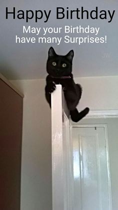 a black cat sitting on top of a white door and looking up at the camera