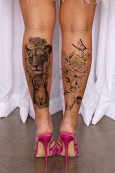 a woman's legs with tattoos and high heels