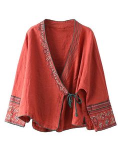 Fall Cotton V-neck Embroidered Top, Folk Long Sleeve Kimono For Fall, Folk Style Long Sleeve Kimono For Fall, Long Sleeve Folk Kimono With Floral Embroidery, Summer Cotton Cardigan With Floral Embroidery, Long Sleeve Cotton Cardigan With Floral Embroidery, Red Embroidered Long Sleeve Top For Fall, Traditional Long Sleeve Spring Cardigan, Red Embroidered Long Sleeve Cardigan