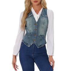 This vest features a classic denim design that is both timeless and fashionable, making it perfect for any casual occasion. This sleeveless design allows for easy layering, making it perfect for pairing with your favorite t-shirts or blouses. This Sleeveless Denim Vest delivers a classic and edgy look that never goes out of style. Whether you're looking for a casual or chic outfit, this vest is perfect for creating a unique and_ trendy look that is all your own. Measurement (in inches) Internati Denim Blue Denim Vest Outerwear, Denim Blue Vest Top For Fall, Fall Sleeveless Denim Vest Top, Sleeveless Medium Wash Denim Top For Fall, Trendy Light Wash Vest For Fall, Trendy Medium Wash Vest, Light Wash Fitted Sleeveless Denim Vest, Fitted Light Wash Denim Sleeveless Vest, Medium Wash Denim Vest Top For Fall