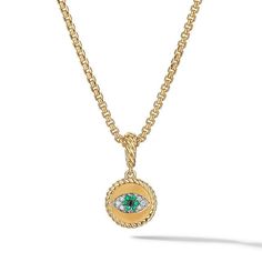 From David Yurman, an evil eye amulet in 18k yellow gold. 18-karat Yellow Gold Pave Emeralds Pave Diamonds, 0.04 total carat weight Amulet, 18.8mm Please note, amulet only, chain sold separately Style Number: D13400D88AEMBDDI Evil Eye Amulet, David Yurman Necklace, Designers Jewelry Collection, Jewelry Education, Evil Eye Pendant, Fine Jewelry Designers, David Yurman, Diamond Gemstone, Necklace Designs