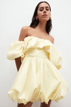 Maiori Off Shoulder Draped Bubble Mini Dress | Lemon | Dresses | Shona Joy – Shona Joy International Spring Off-shoulder Mini Dress With Draped Sleeves, Chic Ruched Bubble Dress For Spring, Off-shoulder Mini Dress With Gathered Sleeves For Summer, Spring One-shoulder Mini Dress With Draped Sleeves, Summer Off-shoulder Mini Dress With Gathered Sleeves, Summer Party Mini Dress With Voluminous Fit, Summer Cocktail Off Shoulder Draped Dress, Chic Draped Off Shoulder Summer Dress, Summer Off-shoulder Voluminous Dress