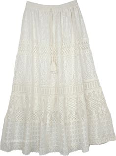 An ever-going white color long skirt with a chic style and a fresh look.  This elegant wedding skirt has been made entirely from crochet fabric (top layer), it has an inner lining in plain white polyester up to 3/4th in length of the skirt. #tlb #CrochetClothing #XLPlus #Misses #TieredSkirt #Maxi Skirt #Solid White Maxi Skirt For Beach, Flowy Lace Maxi Skirt For Beach, Long Lace Beach Skirt, Lace Maxi Skirt For The Beach, Bohemian White Lined Maxi Skirt, White Bohemian Lined Maxi Skirt, White Lace Flowy Maxi Skirt, Summer Lace Maxi Skirt, Elegant White Maxi Skirt For Beach