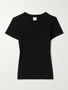 LESET knows how to create quality basics you can wear time and again. This 'Kelly' T-shirt is made from soft cotton-blend jersey ribbed for tactility and has cap sleeves. It's the perfect canvas for a leather jacket and jeans. Black T Shirt Women, Quality Basics, Cap Sleeve Shirt, School Dress, School Dresses, Black Cap, France Travel, Clothes Collection, Black Media