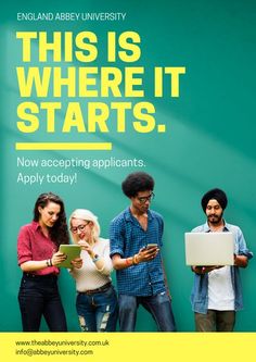 three people standing in front of a green background with the words, this is where it starts now accepting appliance apply today