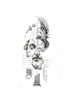 an ink drawing of a man's face with feathers and other things in the background