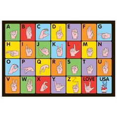 a colorful poster with different hand gestures on it's sides and the words abc, dk, m, l, v, x, u