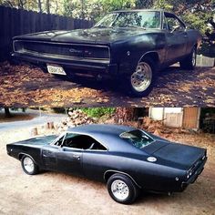 an old and new muscle car sitting in the driveway next to each other on dirt