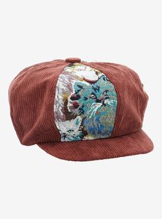 Add the perfect accessory to complete your OOTD right meow! This brown corduroy cabbie hat has panels of cats in a tapestry design  and comes with ribbed detailing. Ball Cap With Bangs, Funky Suits, Park Ranger Hat, Goth Cottagecore, Cat Tapestry, Fun Hats, Funky Hats, Cabbie Hat, Earthy Outfits