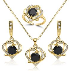 PRICES MAY VARY. 🔥PRODUCT LIST:🔥 The black and gold jewelry set includes a pair of earrings, a chain and pendant, and an adjustable ring. 🔥ABOUT SIZE:🔥Adjustable ring and 17.7+2 inch chain, suitable for most people size. 🔥PREMIUM QUALITY:🔥The black jewelry set is plated with real 18K gold, ensuring long-lasting color retention. It is also nickel-free and lead-free for added safety. 🔥PERFECT GIFT:🔥The women's jewelry set comes beautifully packaged in a gift box, making it the perfect choi Gold Cubic Zirconia Jewelry Set For Valentine's Day, Gold-plated Jewelry Sets For Mother's Day, Gold Plated Jewelry Sets For Mother's Day, Gold Jewelry Sets For Valentine's Day Party, Gold Jewelry Sets For Mother's Day Formal Occasion, Gold Jewelry For Mother's Day Party, Elegant Gold Jewelry Sets For Mother's Day, Black Jewelry For Valentine's Day Party, Formal Black Round Jewelry Sets