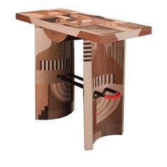 a wooden table with an abstract design on it