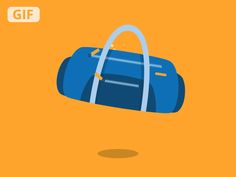 a blue duffel bag flying through the air on an orange background with text reading gif