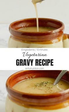 the ingredients to make this vegetarian gravy recipe are being poured in a jar