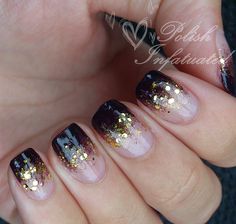 Black Glitter Ombré Nails, Black French With Gold, Black With Glitter Nails, Purple French Tips, Gold Gel Nails, Spam Post, Nail Art Noel, Purple French