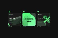 the green business card is displayed in three different positions, including one for q and two for