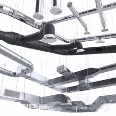 multiple pipes and wires connected to each other in an industrial style structure with white background