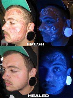 four different pictures of men with face paint and piercings on their ears, one is looking at the camera