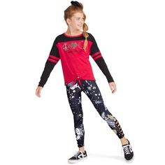 On-Trend Graphic Tee/Legging Set Brand New With Tags Machine Wash, Cold; Tumble Dry Low Girl’s Sizes: Xs (5/6); L (12/14) Tie-Front T-Shirt Long Sleeves Color Blocking Details Shine Graphics Positive Message On Neck Tape Logo Tag At Lower Hem 60% Cotton; 20% Poly; 20% Slub Jersey Color: Ladybug Red Jsport Legging Full Length Comfortable High Waist Cool Splatter Print Gold Shine On Black, Gray & White 4-Way Stretch Lattice Ankle Detail 90% Polyester/ 19% Elastase Sequins Outfit, Matching Sweatsuit, Two Piece Shorts Set, Bodysuit And Skirt, Trending Graphic Tees, Justice Clothing, Glitter Shirt, Girls Pajamas, Shine On