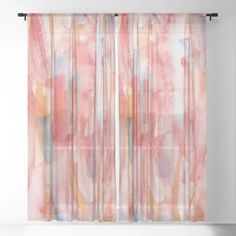 a window curtain with an abstract painting on the outside and pink, blue, yellow and white colors