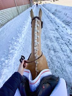 a person riding on the back of a brown horse down a snow covered road next to a fence