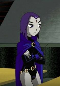 an animated image of a woman dressed in black and purple