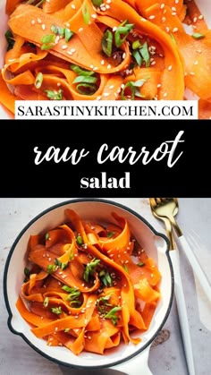 carrot salad in a white bowl with text overlay that reads, raw carrot salad