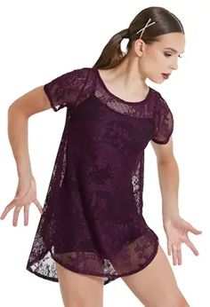 Lace T-Shirt Overdress With Biketard | Weissman® Weissman Dance Costumes, Lace Floral Dress, Sequin Costume, Sequin Pants, Lace Tshirt, Paneled Skirt, Twill Jacket, Costume Collection, Exclusive Dress