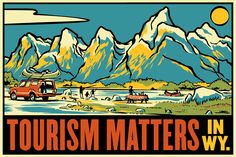 an old poster advertising tourism matters in the wyzek mountains, with a red truck driving through it