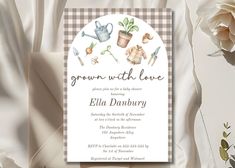 a white and brown gingham background with flowers, watering tools and potted plants