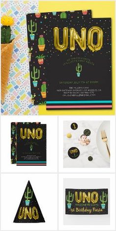 an assortment of party items including balloons, plates and napkins with the words uno on them