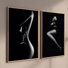 two black and white pictures hanging on the wall next to each other with wine glasses in front of them