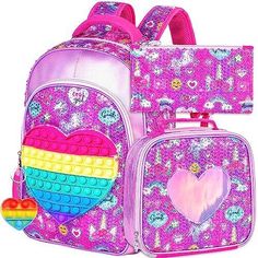 CCJPX Girls Backpack, 16" Kids Unicorn Bookbag and Lunch Box for Elementary School Toddler Kindergarten Preschool Purple 【ENVIRONMENTAL MATERIALS】- BPA free, Phthalate free, Lead and Cadmium free, Chemical material and physical test passed. Safe for your lovely kids. 【UNIQUE DESIGN】- This girls bookbag is sparkly and eye-catching. Heart-shaped stress relief toy on front pocket, kids can play with it by themselves. 【PRACTICAL 3PC SET】- Backpack:16"x12"x6", lunch bag:8.5"x4"x9.5", pencil case:8.66 Trendy Pink Bag For School Events, Trendy Pink Bags For School Events, Cute Multicolor Backpack For School Events, Cute Multicolor Backpack For Back To School, Pink Backpack For End Of School Year Gift, Cute Multicolor Backpack For School, Pink Backpack Gift For End Of School Year, Trendy Bags For End Of School Year Events, Trendy Multicolor Bags For School Events