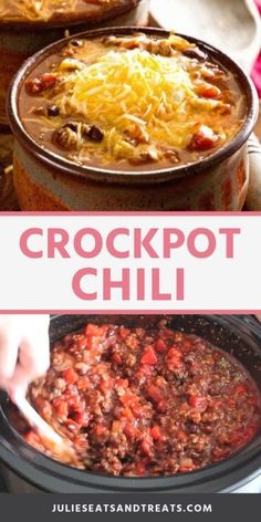 crockpot chili in a slow cooker with text overlay