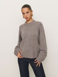 Layer up. Shop the Calloway Regenerative Wool Crew from Reformation, a crewneck sweater with oversized sleeves. Crew Neck Sweater For Workwear In Fall, Fall Winter Fashion Trends, Oversized Sleeves, Work Wear Outfits, Knitwear Fashion, Vintage Inspired Dresses, Short En Jean, Inspired Dress, New Tops