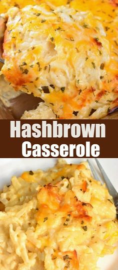 hashbrown casserole in a white dish with a fork