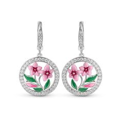 Talking about florals, these refreshing flower earrings are a statement of their own. Crafted in sterling silver, these lovely earrings showcase a floral design bright with pink and green enamel. A halo paved with shimmering stones frames the flower so as to seize and eternalize its most intimate moment. You'll adore the springtime touch these statement earrings will add to any outfit.Carat Weight: 2.098 ctStone Size: 1,1.2,1.5 mmStone Type: Jeulia® StoneNumber of Stones: 80 Stone Shape: RoundSt Pink Sterling Silver Jewelry With Birth Flower, Pink Sterling Silver Birth Flower Jewelry, Elegant Pink Flower Earrings In Sterling Silver, Elegant Pink Sterling Silver Flower Earrings, Pink Birth Flower Earrings, Elegant Pink Floral Print Jewelry, Pink Sterling Silver Flower Earrings, Pink Round Earrings With Flower Charm, Enamel Flower-shaped Jewelry For Wedding